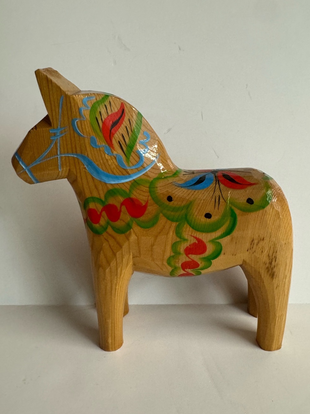 Vintage 70s Dala Horse Carved Wood  in Natural with Red, Green & Blue Design